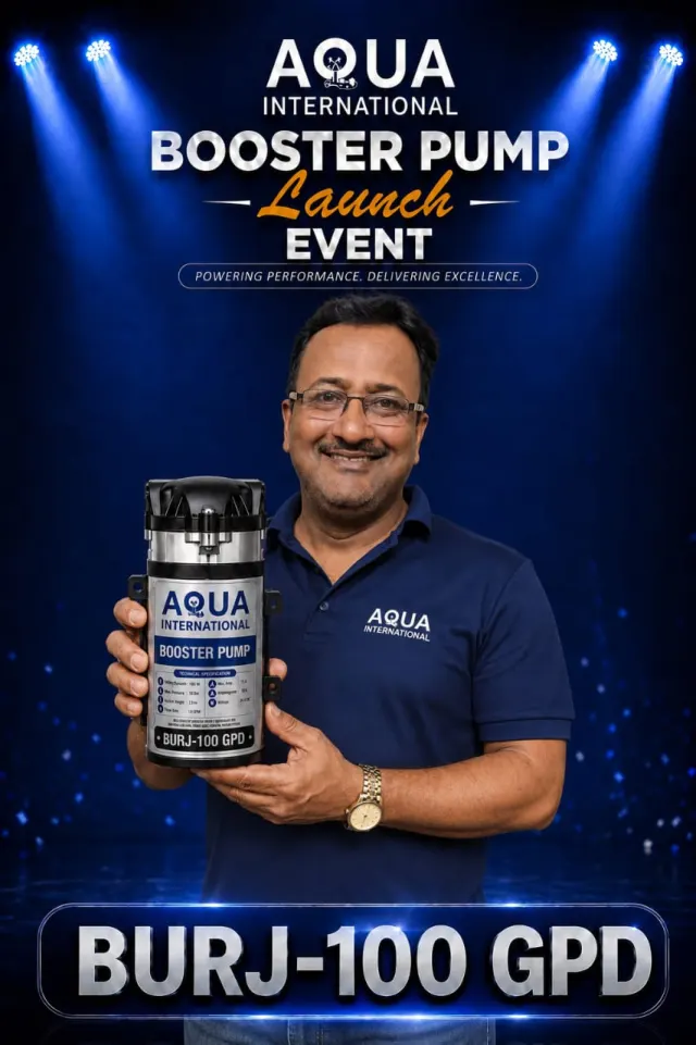 Aqua International team member with the BURJ-100 GPD booster pump